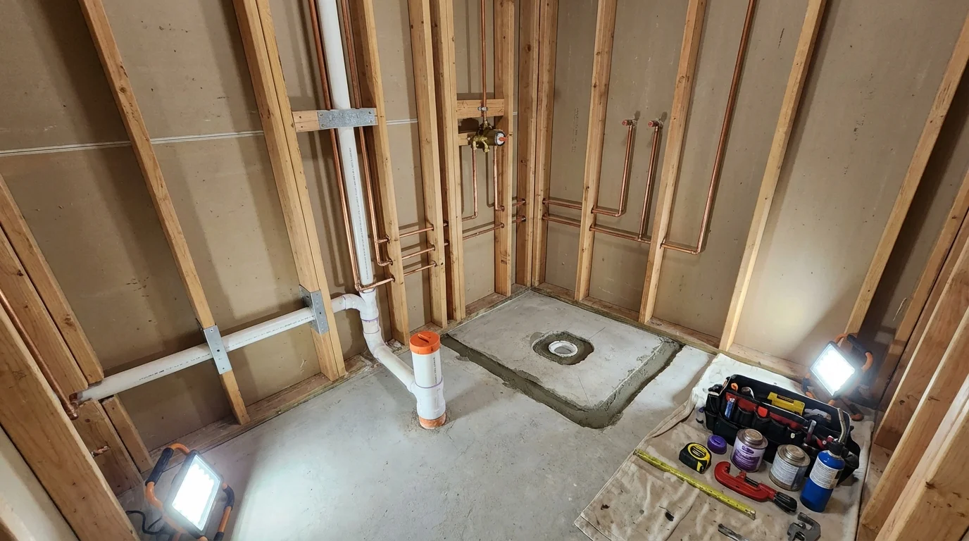 Bathroom rough-in plumbing during remodel by Johns Plumbing LLC in Porter