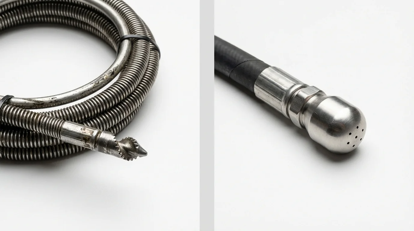 Drain snake cable and hydro jetting nozzle used for drain cleaning in Porter, ME