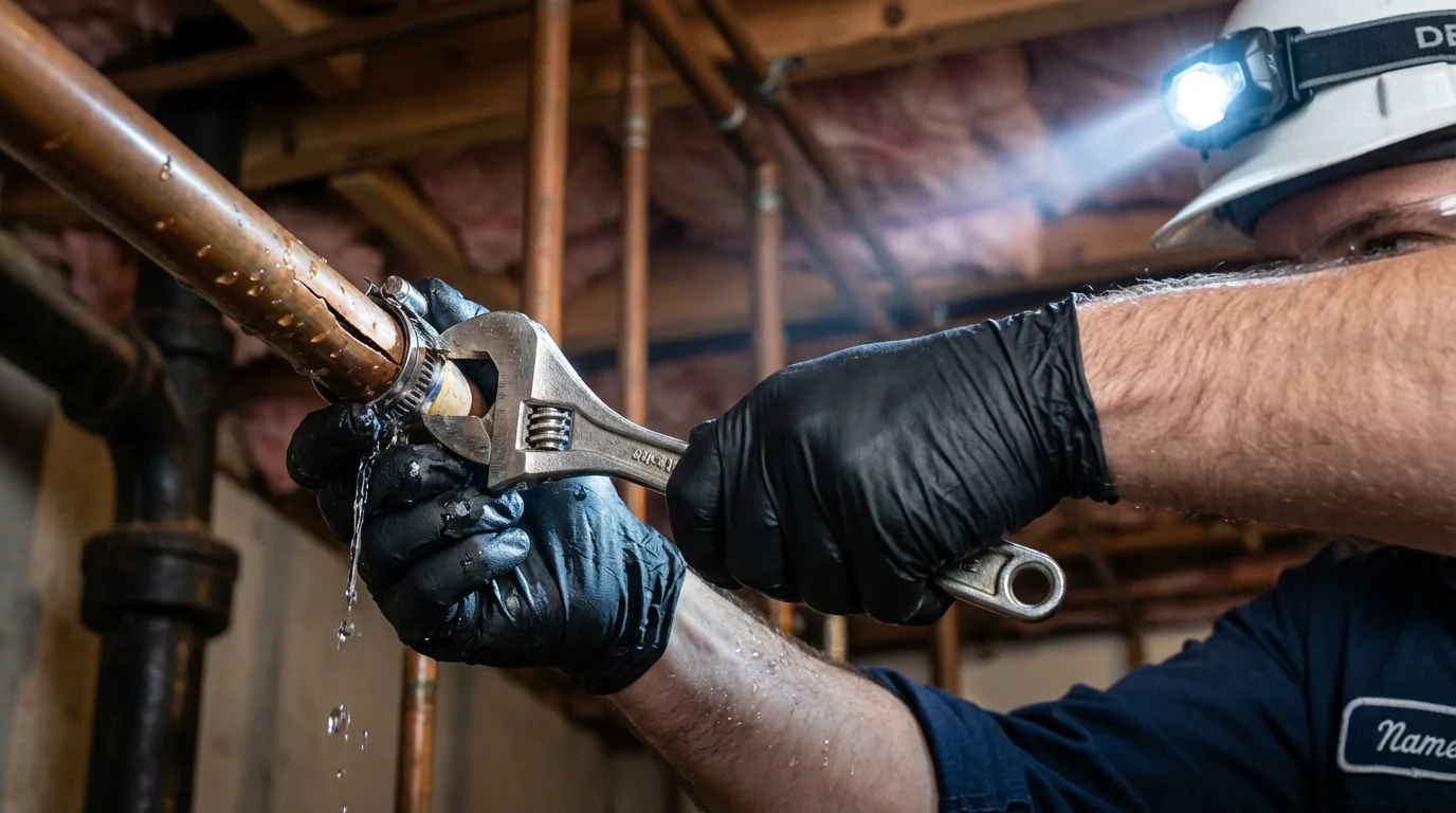 Emergency pipe clamp repair being performed by a Johns Plumbing LLC plumber in Porter