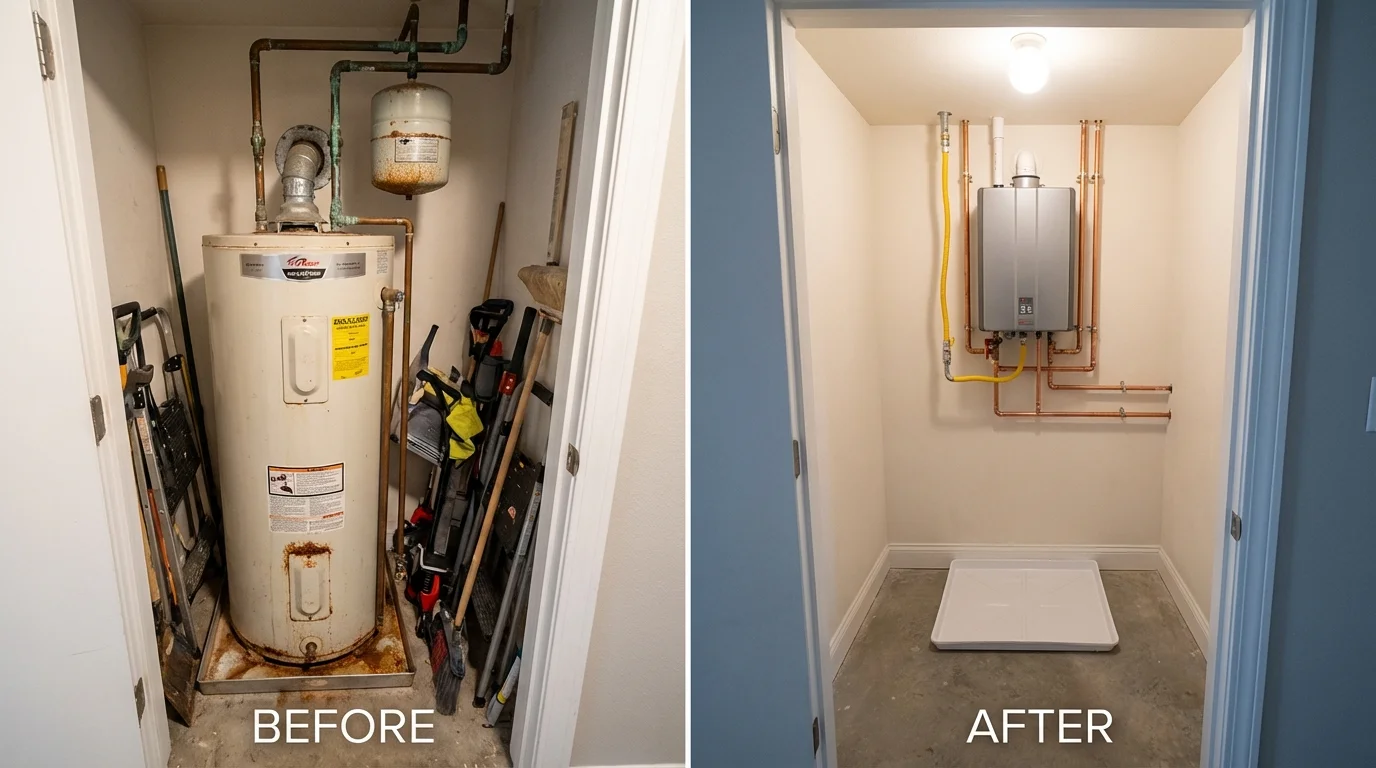 Tank water heater versus wall-mounted tankless unit comparison for Porter, ME homeowners