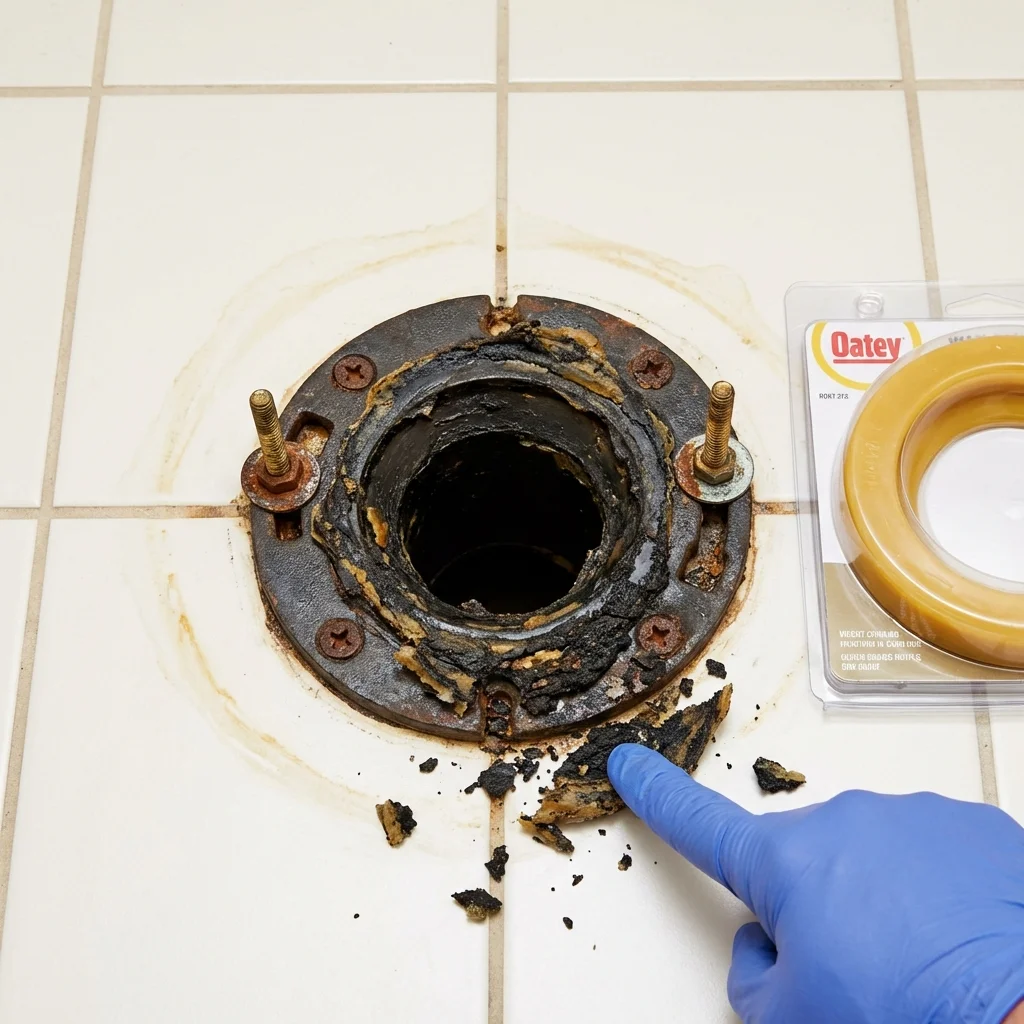 Failed wax ring showing water seepage at the base of a toilet in a Porter, ME home