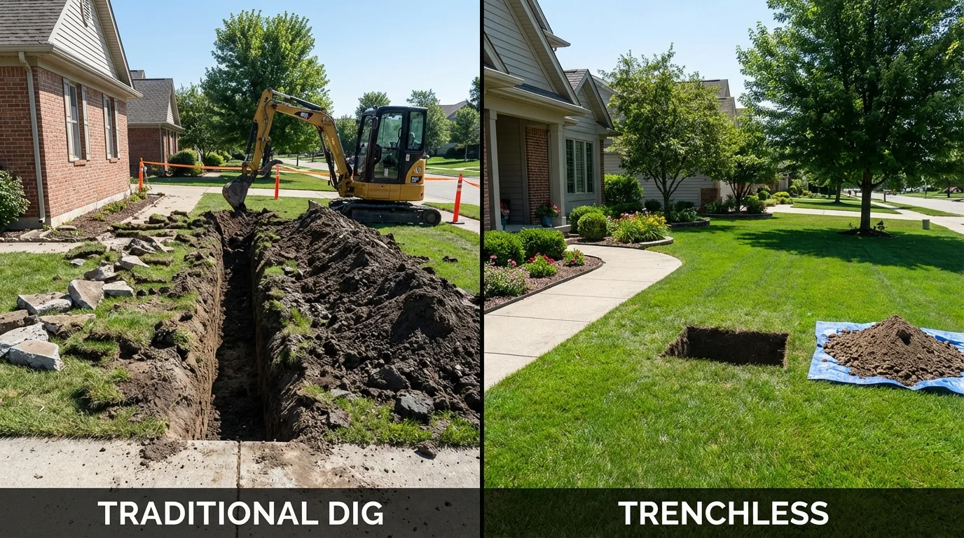 Trenchless sewer repair with minimal yard damage versus traditional excavation in Porter, ME